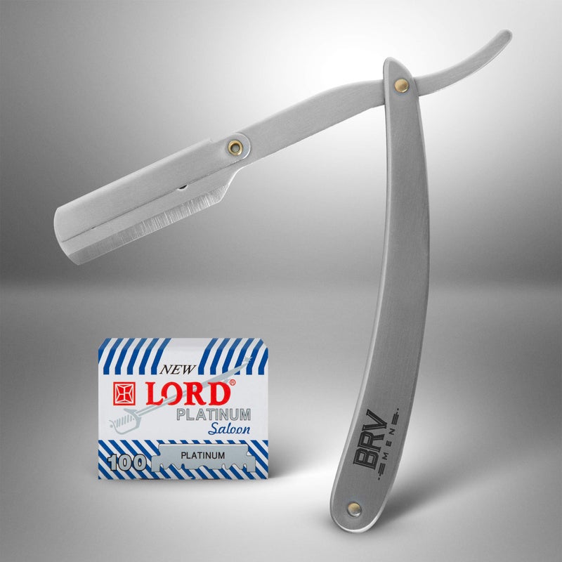 BRV MEN Professional Straight Edge Barber Razor w/ 100 Single Edge Razor Blades | Straight Razors for Men | Barbershop Accessories | Mens Shaving Knife & Shavette - Silver - Image 5